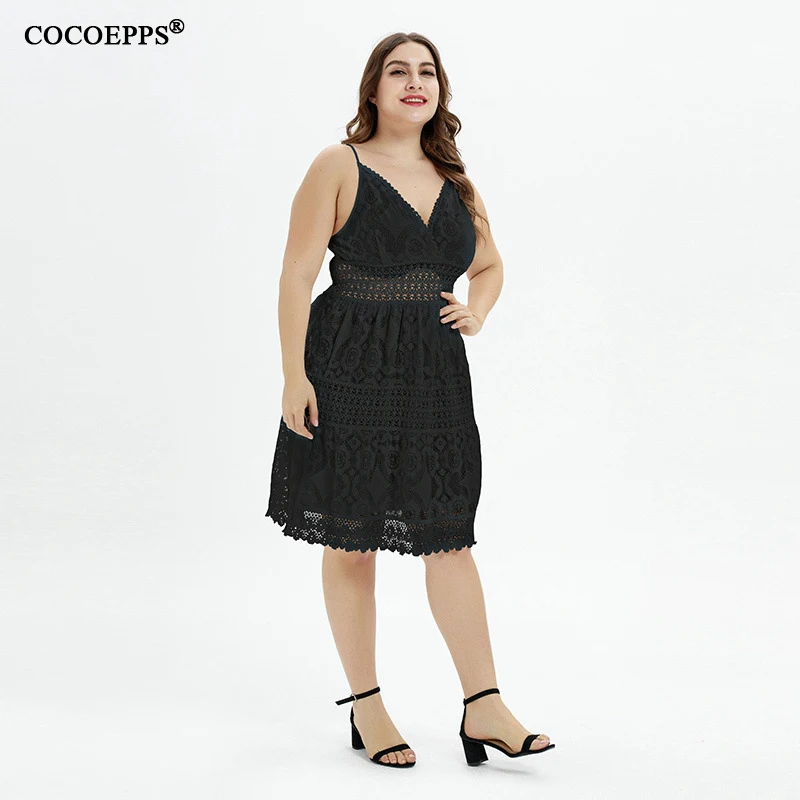 2019 Elegant Women Hollow Out Lace Dress Woman Sexy Spaghetti Strap V Neck White Plus Size Clothing Vestidos | Женская одежда
