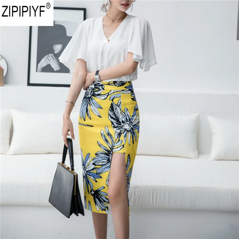 2018 Summer Fashion skirt Floral print Women high waist Elegant Vintage pencil Split female above knee C1567 | Женская одежда