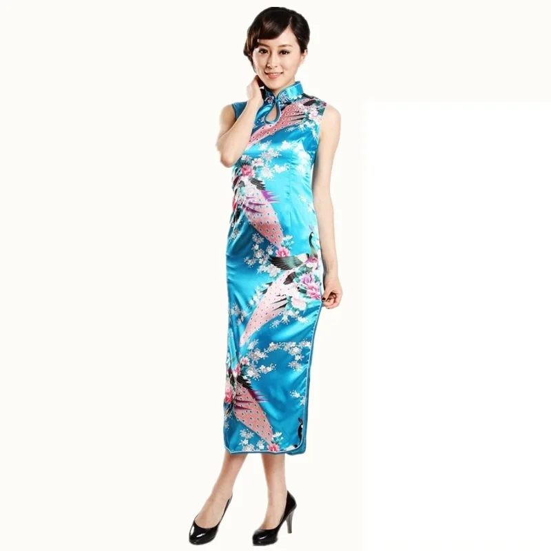 Халат Chinoise Vestido Cheongsam Модный китайский свадебный длинный Павлин Капельное платье