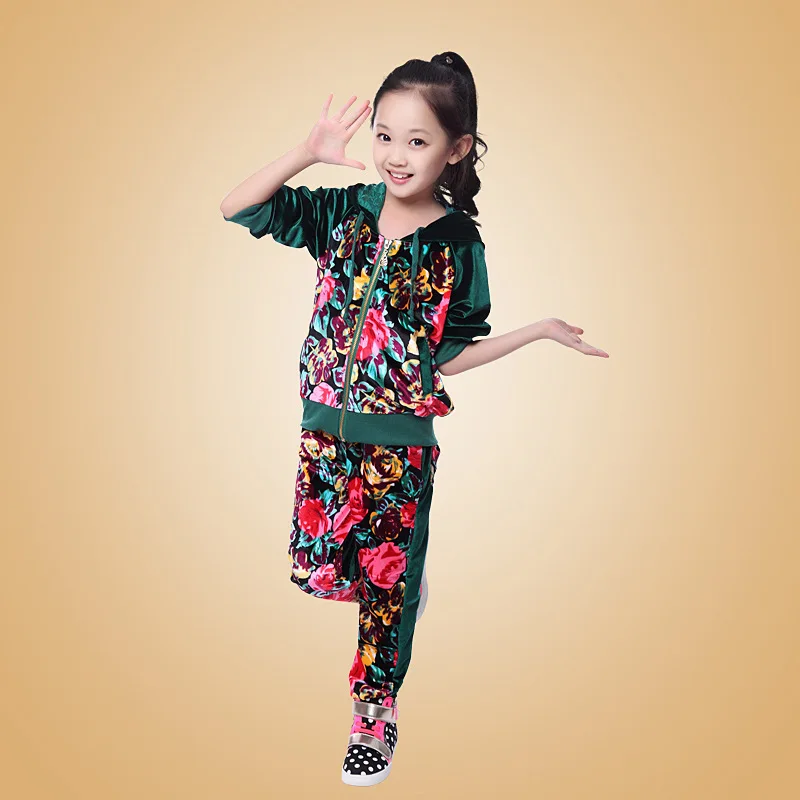 Spring 2015 new children clothing sets Floral coat pant 2pcs Velvet kids clothes baby girls sport suit roupas infantil meninas | Мать и