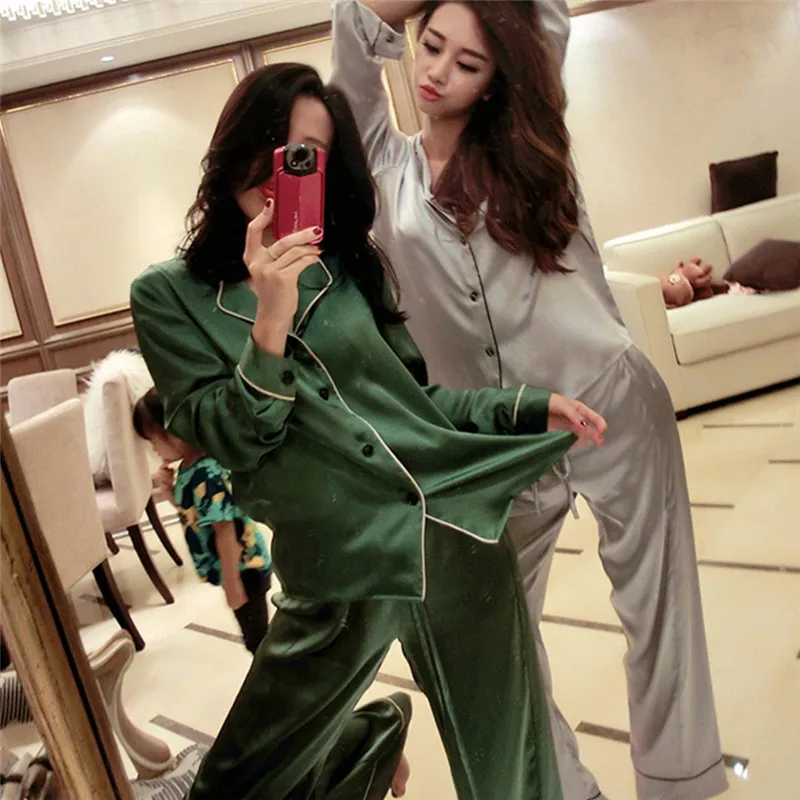 Женская шелковая атласная пижама пижамный комплект с длинным рукавом одежда для