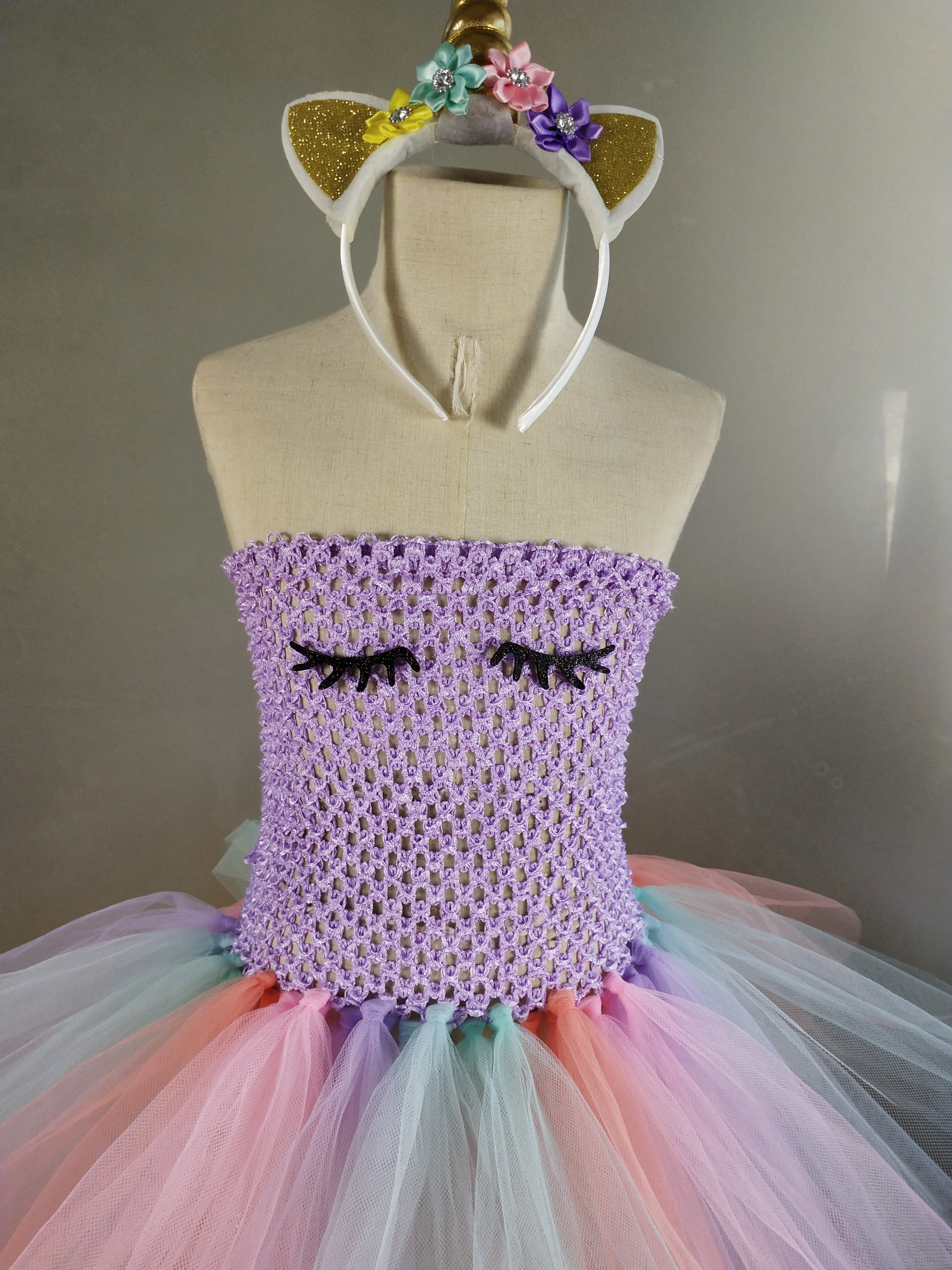 Girls Pastel Unicorn Tutu Dress Kids Crochet Corset Tulle with Flower Hairbow Set Children Cosplay Party Costume Dresses | Детская
