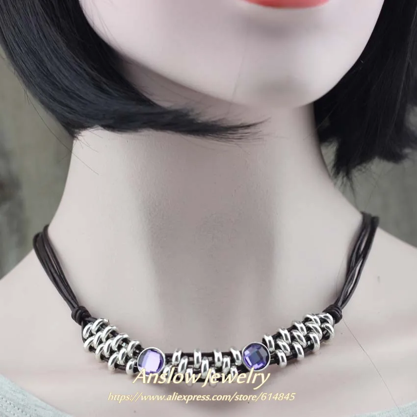 purple 42cm Anslow, бренд, высокое качество, дизайн, перо, кожаный воротник, колье, массивное, Neacklace, для женщин, вечерние, модное ювелирное изделие, LOW0005AN - Окраска металла: purple 42cm