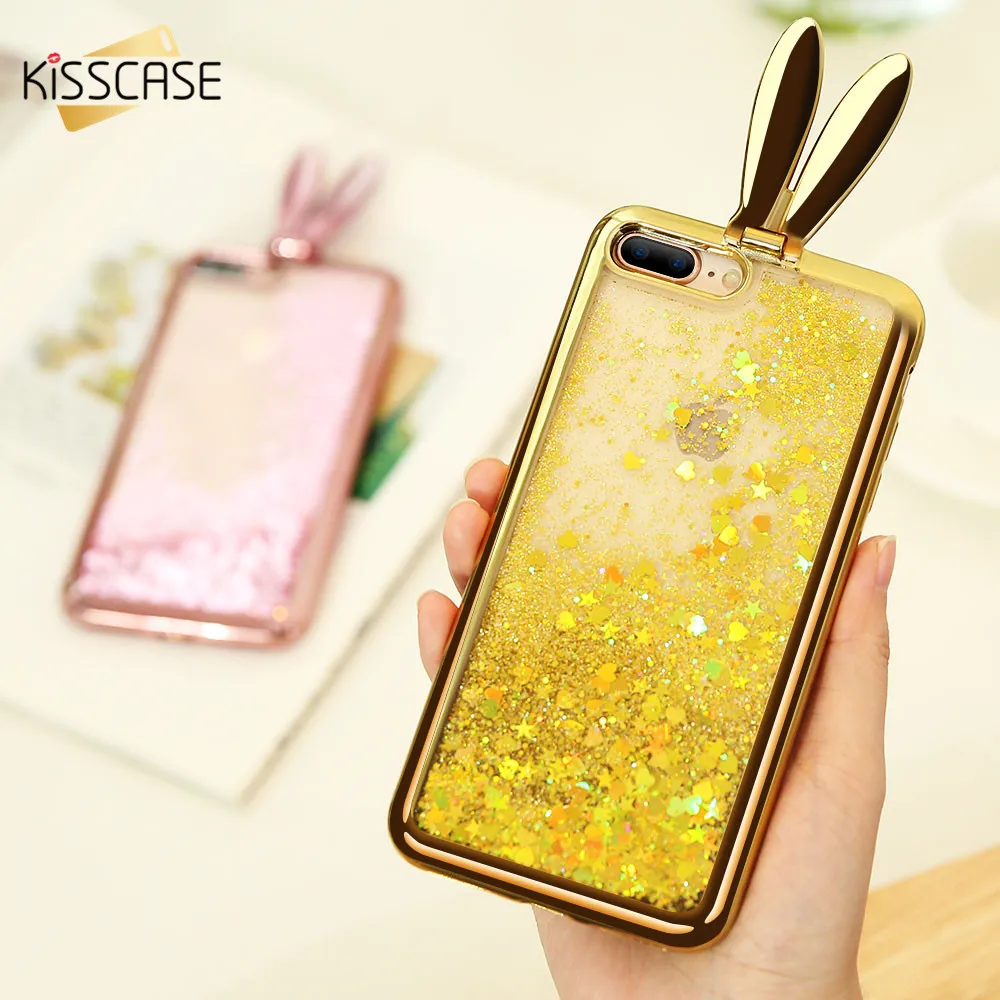 KISSCASE Liquid Rabbit Ears Case For iPhone 6 6S 7 8 Plus Cover Glitter Bling Stars X Cute Phone Stand Fundas |