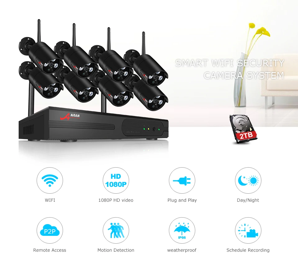 ANRAN Беспроводная система видеонаблюдения 1080P 8CH NVR комплект HD H.265 IP камера Wifi Домашняя безопасность ночное видение комплект видеонаблюдения