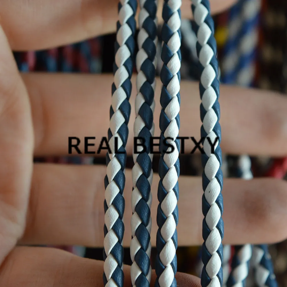 Настоящий BESTXY 5 м/лот 4 мм синий + белый Кожаный Плетеный шнурок для браслетов