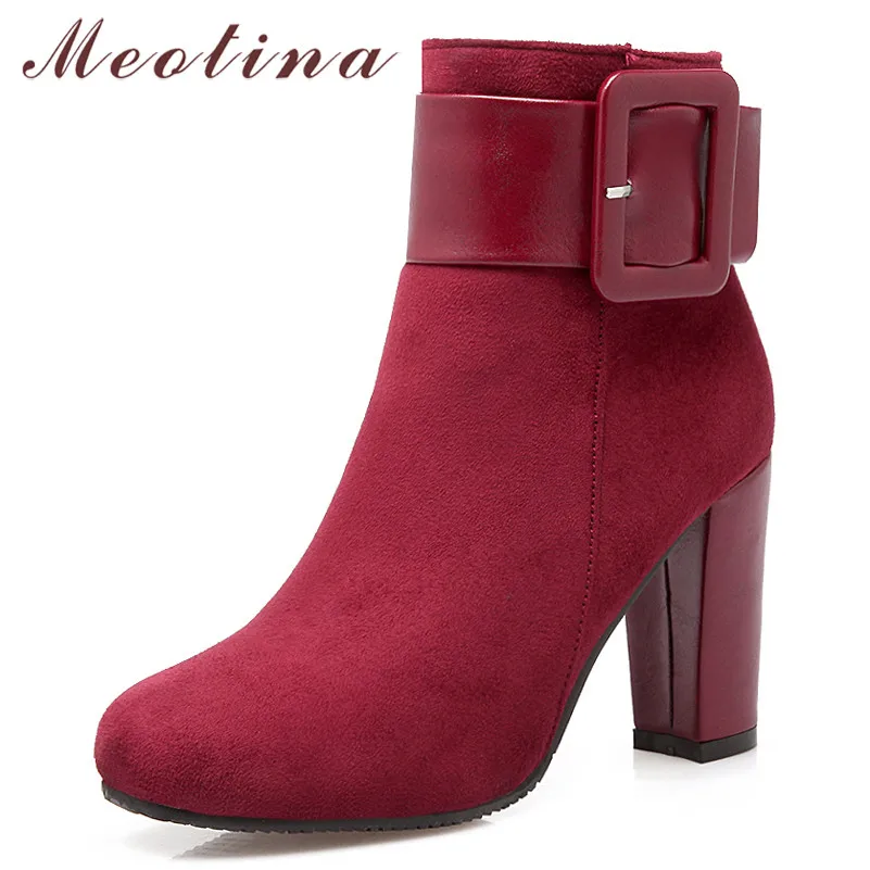 Meotina Autumn Ankle Boots Women Buckle Thick High Heels Short Zipper Square Toe Shoes Ladies Winter Green Big Size 33-43 | Обувь