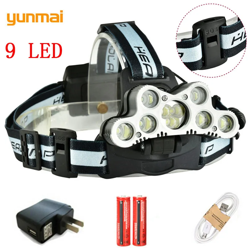 Yunmai Ультра мощный 9 LED налобный фонарь new T6 фокус Водонепроницаемая фара USB