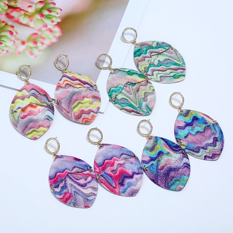 

Fashion Simple Round Inlay Crystal Rhinestone Cutout Earrings Leather Leaf Shapes Colorblock Drop Earrings Jewelry