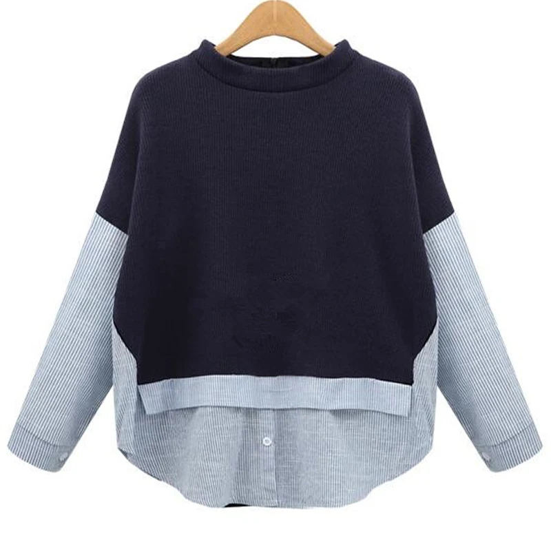 2018 Осенняя мода Европейский стиль полосатый пэчворк темно синий пуловер O Шея