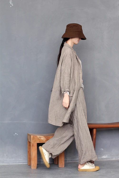 LinenAll original women's spring and summer thin 100% linen apricot coffee small squares straight comfortable casual trousers | Женская