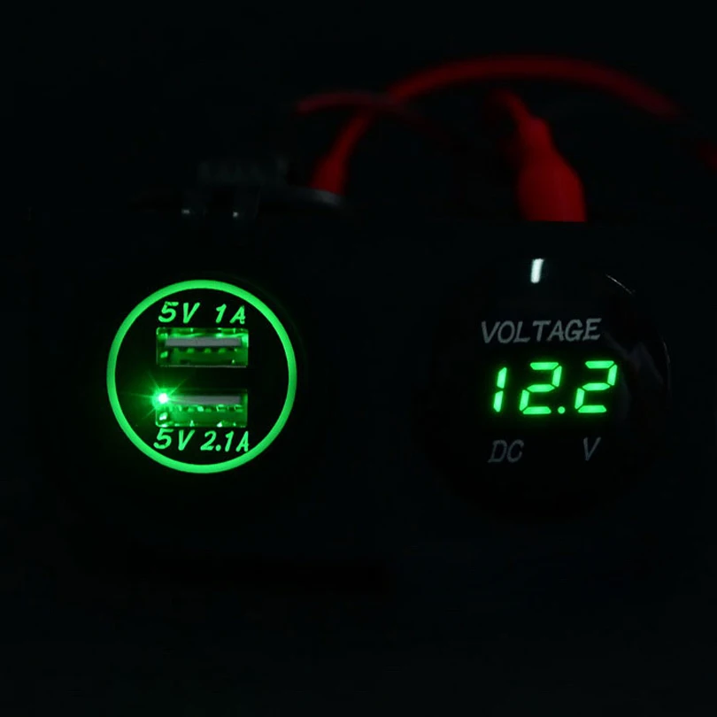DC 12 V-24 V светодиодный цифровой вольтметр+ Dual USB Мощность гнездо Панель 2.1A/1A USB Зарядное устройство для автомобилей Boat Rv мотоцикл зеленый синий и красный цвета - Цвет: Зеленый