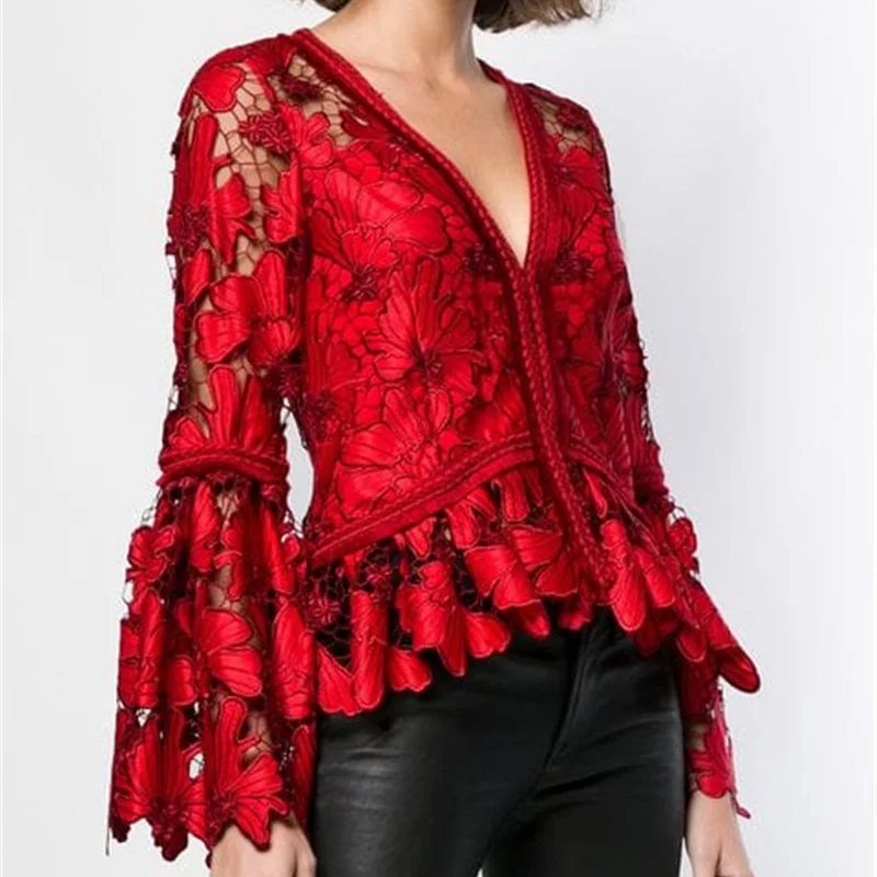 Женская кружевная блузка с V-образным вырезом и цветочным принтом | одежда
