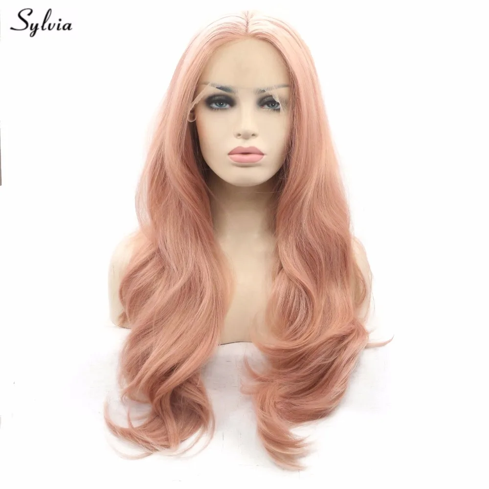 

Sylvia Rose Gold Color Hair Nature Wave Synthetic Lace Front Wigs Soft Pastel Pink Gold Glueless Heat Resistant Fiber For Women