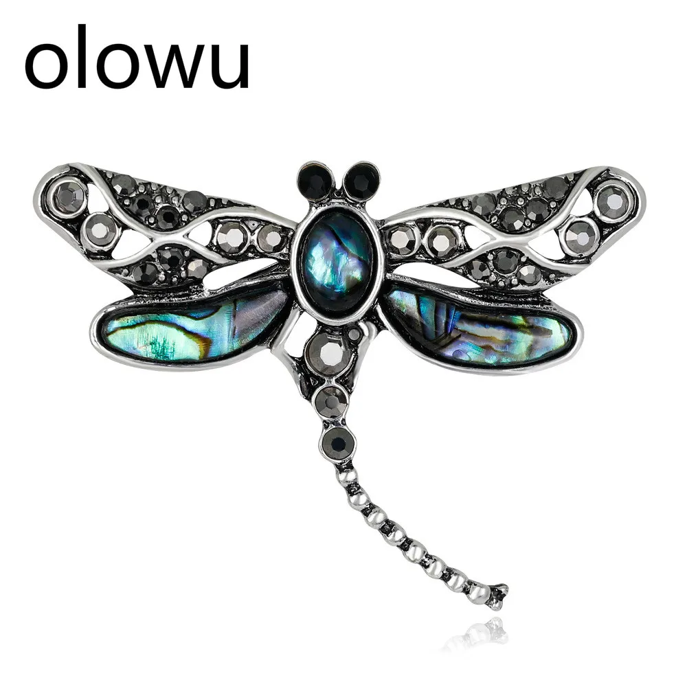olowu Antique Animal Brooch Crystal Jewelry Broach Women Accessories Raw Color Shell Pins And Brooches Gifts Dragonfly | Украшения и