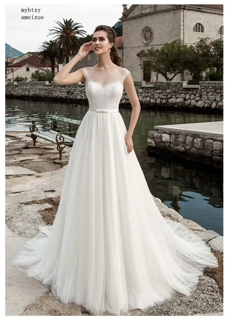 

White Ivory Bridal Dress 2020 Lace Top Cheap Wedding Dresses Romantic Vestido De Noiva Floor Length Wedding Gown Robe De Mariee