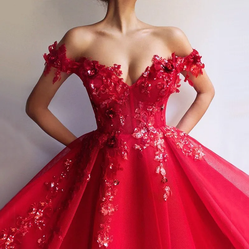 

Red Muslim Evening Dresses V-Neck Sequin Lace Beaded Tulle Off the Shoulder Ball Gown Dubai Saudi Arabic Long Evening Gowns
