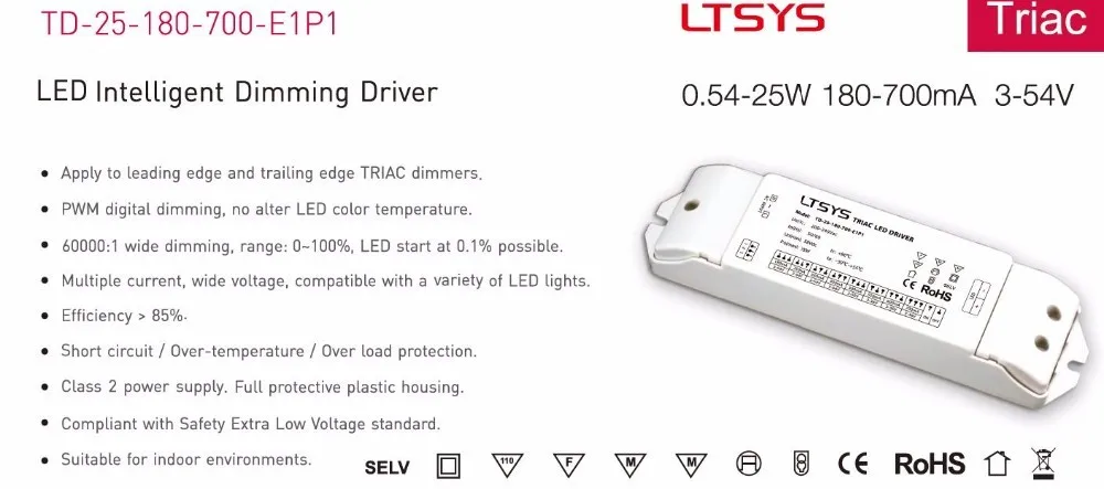 LTECH TD-25-180-700-E1P1 выход 25 Вт 180-700mA 3-54 в постоянный ток Triac регулируемый светодиодный