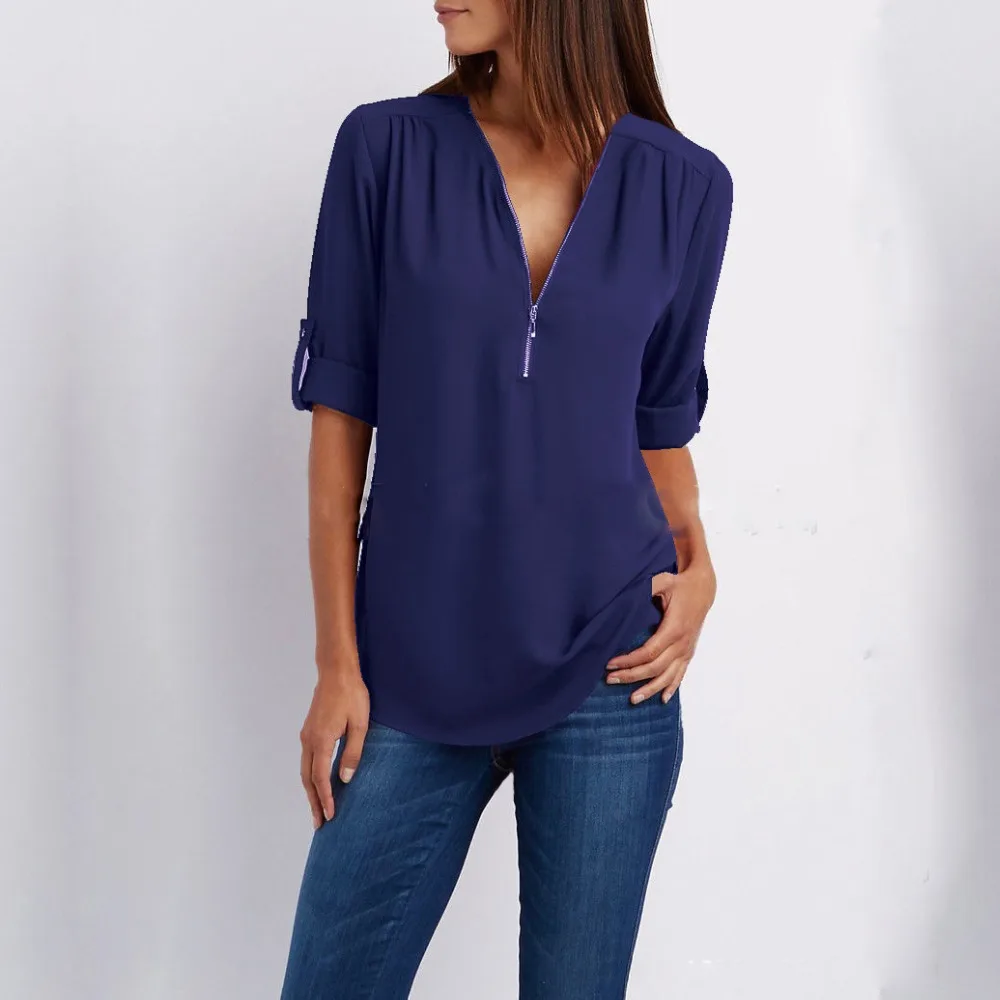 Блузка женская шифоновая с длинным рукавом и треугольным вырезом|blusas femininas|chiffon
