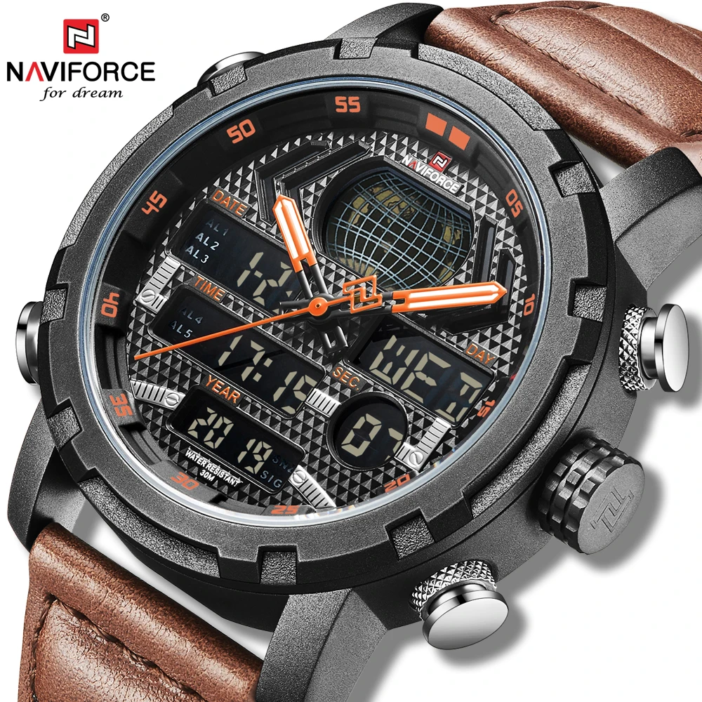Часы NAVIFORCE Мужские кварцевые цифровые водонепроницаемые наручные в стиле