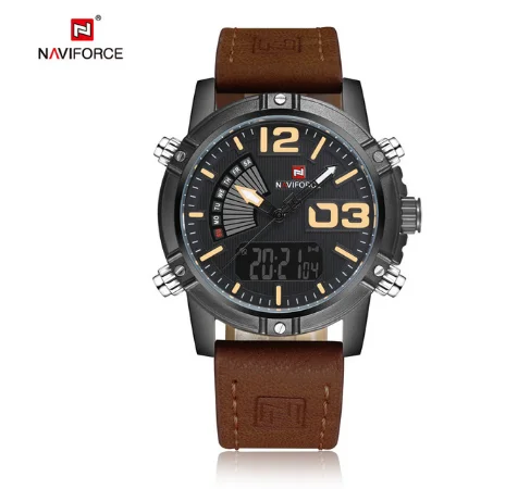 D NAVIFORCE 9095, мужские цифровые спортивные часы, наручные часы для мужчин, Топ бренд, Военный стиль, роскошный кожаный светодиодный, кварцевые мужские часы - Цвет: D