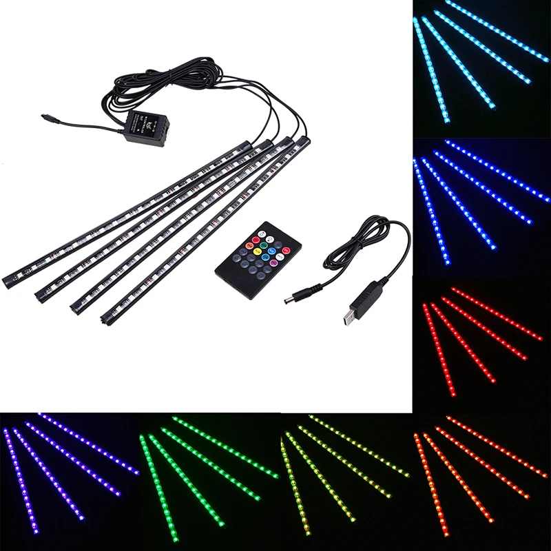 

POSSBAY LED Strips Lights 4 in 1 Wireless Music Remote Control 18 LED Neon Interior Decoraiton Light Lamp Auto Atmosphere Lamps