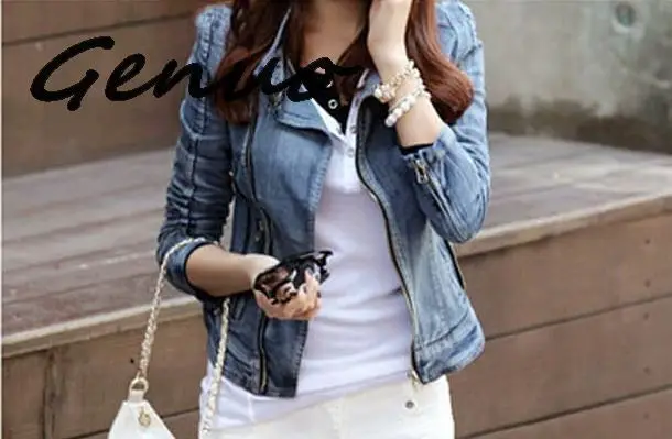 Genuo New Fast Shipping Fashion Womens Vintage Denim Jean Slim Fit Lapel Zip Short Jacket Tops Coat Size S M L Xl