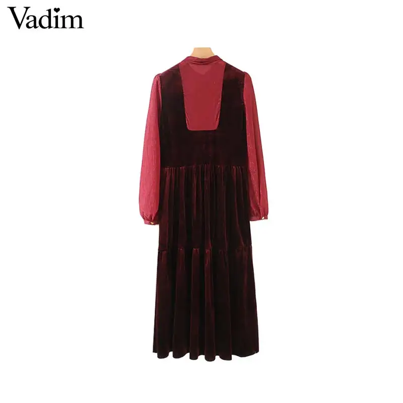 CUERLY women red velvet midi dress bow tie collar long sleeve pleated female casual chic mid calf dresses vestidos | Женская одежда