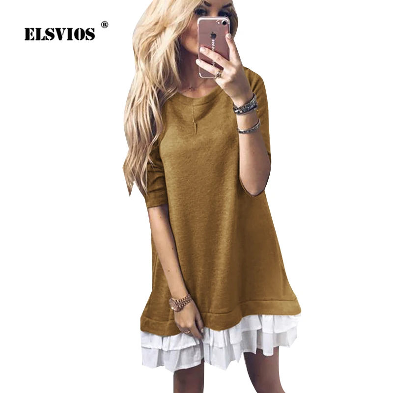 ELSVIOS 2XL модное лоскутное свободное Повседневное платье 2018 хлопковое женское с