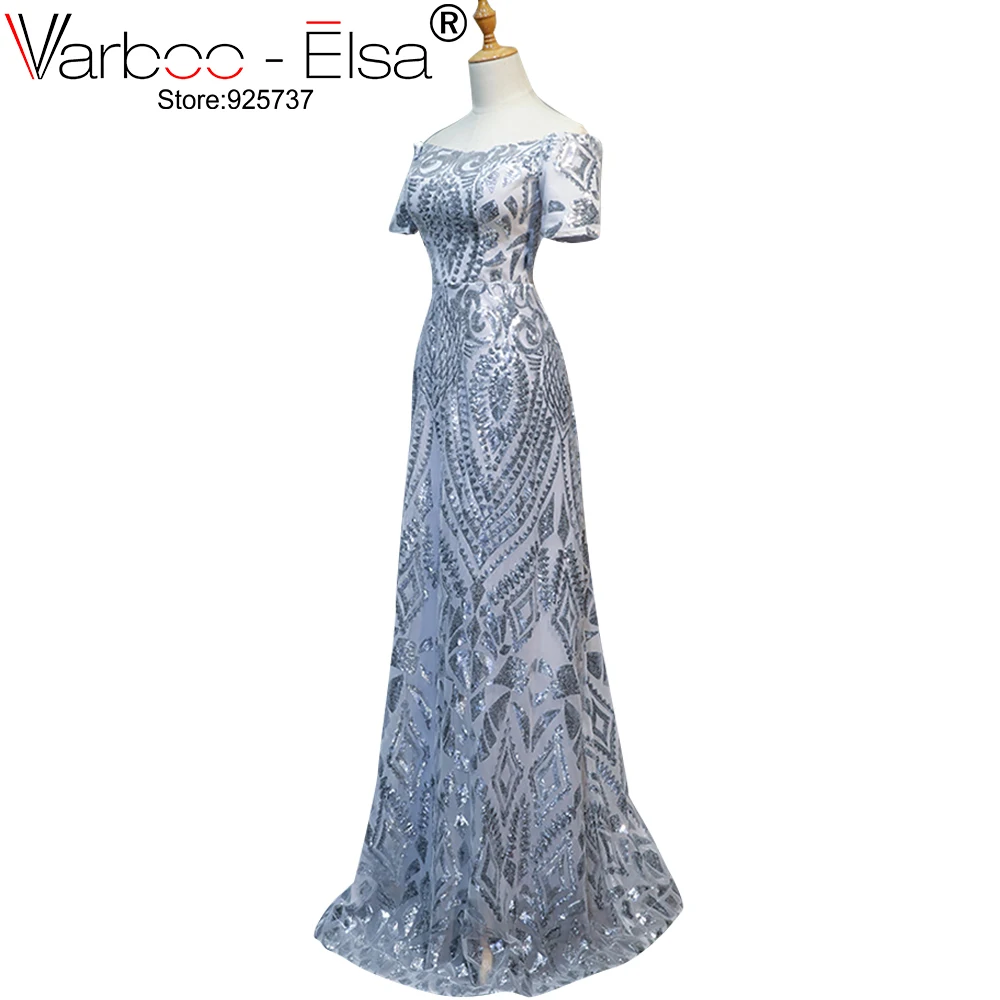 VARBOO_ELSA Sliver 2021 Prom Dresses Straight Short Sleeves Off The Shoulder Party Long Gown Evening Robe De Soiree | Свадьбы и