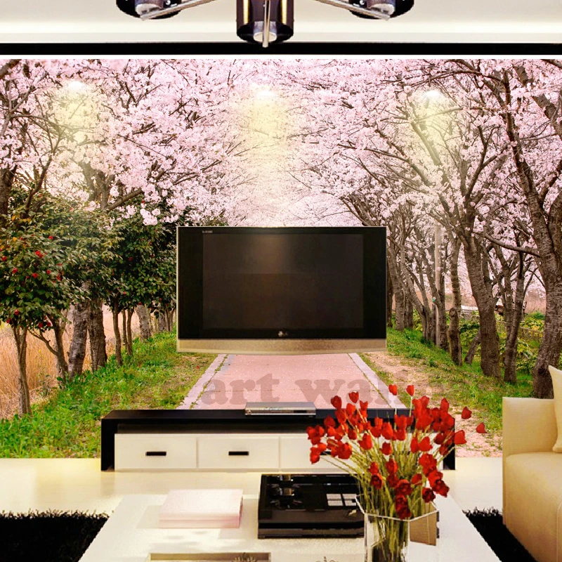 Настенные 3d обои в стиле кантри с изображением розовых цветков вишни