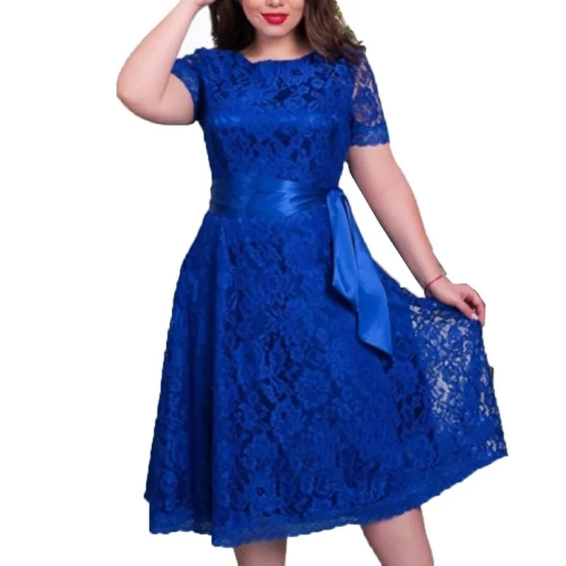 S 6XL Чай Длина плюс Размеры кружевное платье короткий рукав A Line Midi Dress пояс кушак
