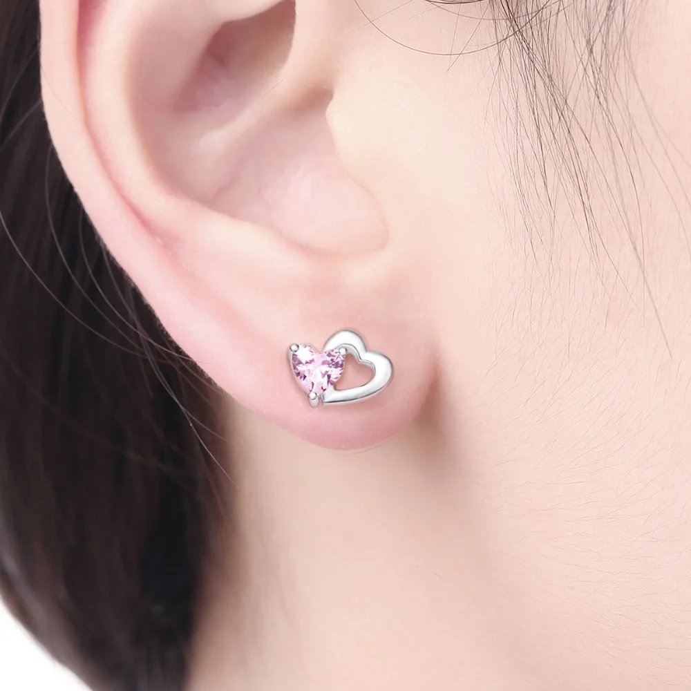 Joseph Mola 925 Sterling Silver Clear Pink Cute heart CZ Stone Stud Earrings for Women Party Anniversary Gift Girlfriend | Украшения и