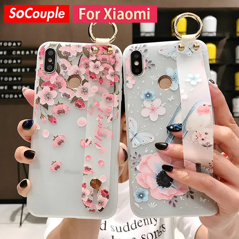 SoCouple чехол на запястье для Xiaomi 9 9t CC9 A3 Lite Redmi Note 7 Pro Рельефный цветочный Мягкий ТПУ