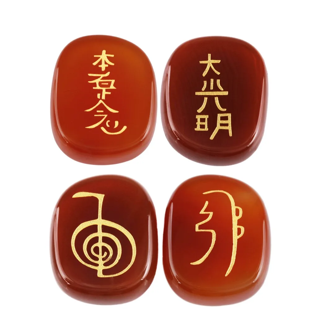 

TUMBEELLUWA 1Set (4Pc) Carnelian Agate Engraved Stone,Palm Usui Stone Healing Crystal Chakra Reiki Symbols