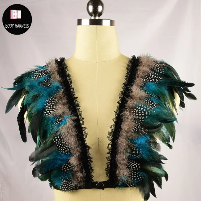 Женское боди с разноцветными перьями в стиле Харадзюку сексуальное бондажное