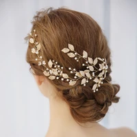 slbridal golden handmade crystal rhinestones pearls flower leaf wedding headband hair vine bridal hair accessories women jewelry