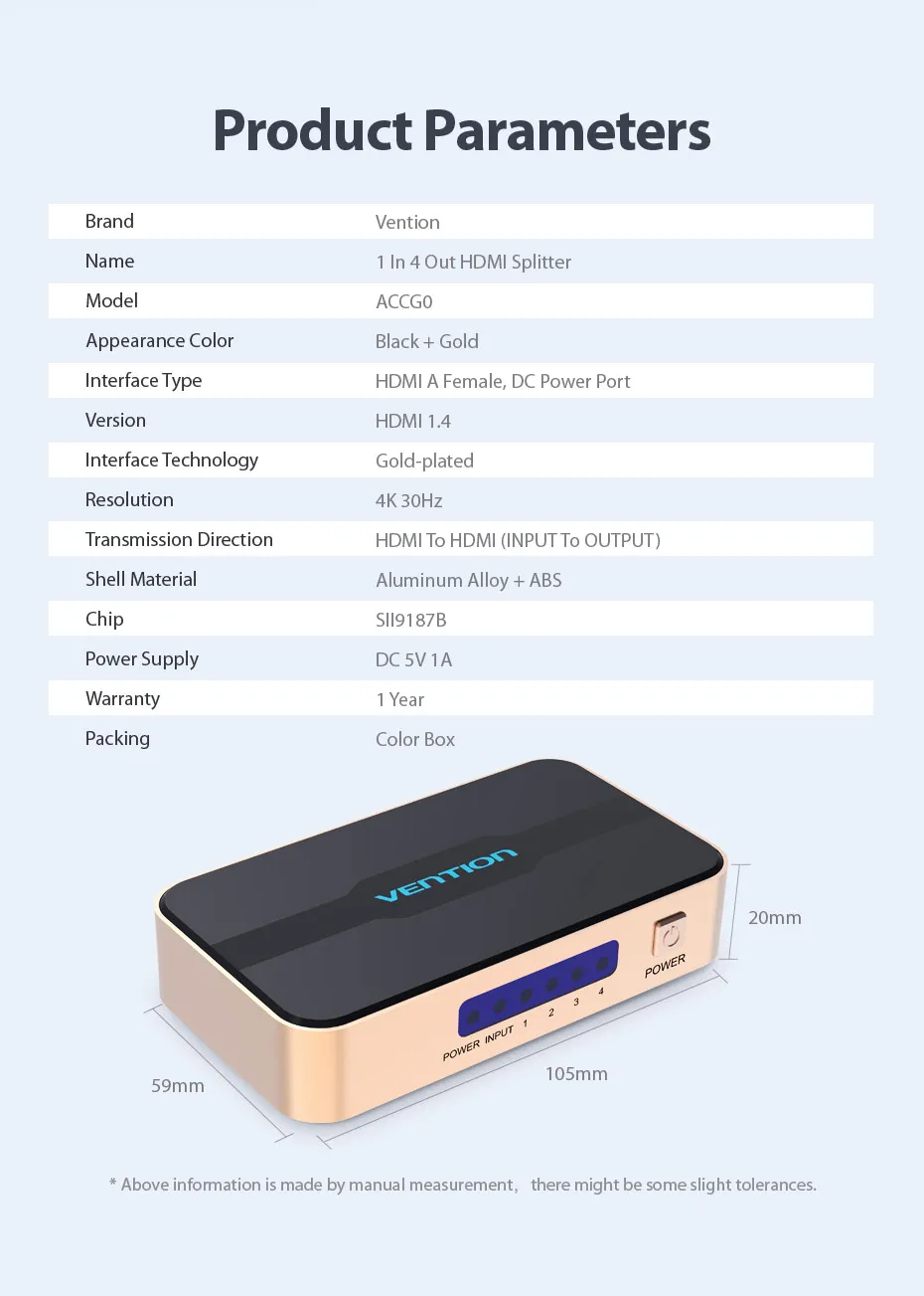Vention HDMI 1x4 сплиттер 1 в 4 выход для TVbox PS3/4 ноутбука HDMI коммутатор адаптер с блоком питания HD коммутатор 4k X 2k 3D сплиттер