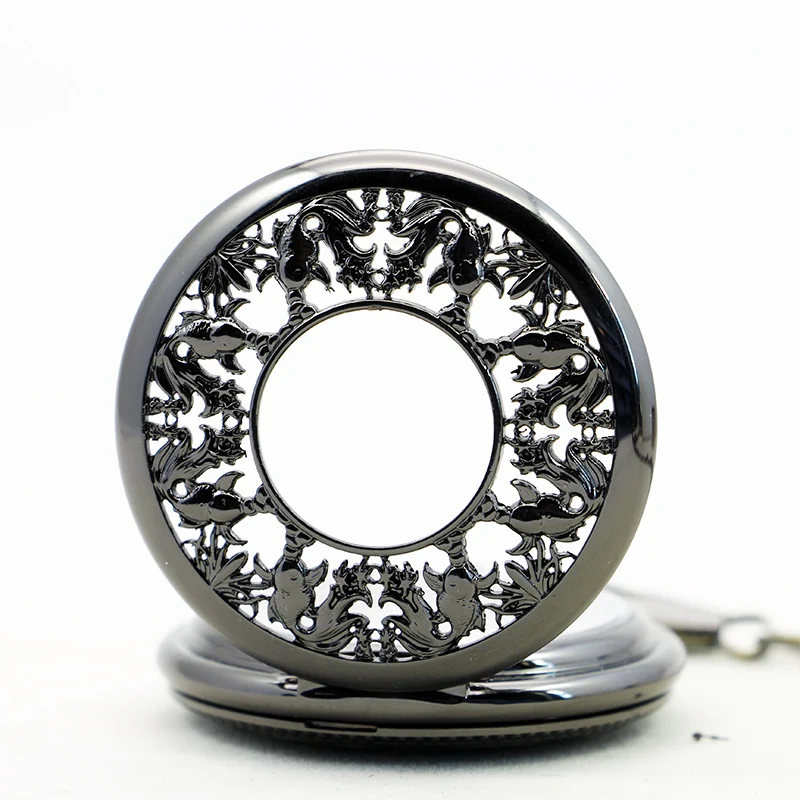 Deluxe Pet Fish Embossed Mechanical Pocket Watch Black Retro Steampunk Manual Chain Necklace Pendant Accessory Clock Gift
