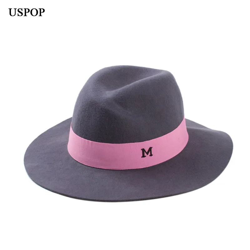 Женские шерстяные шапки USPOP теплые фетровые с буквенным принтом и широким полями