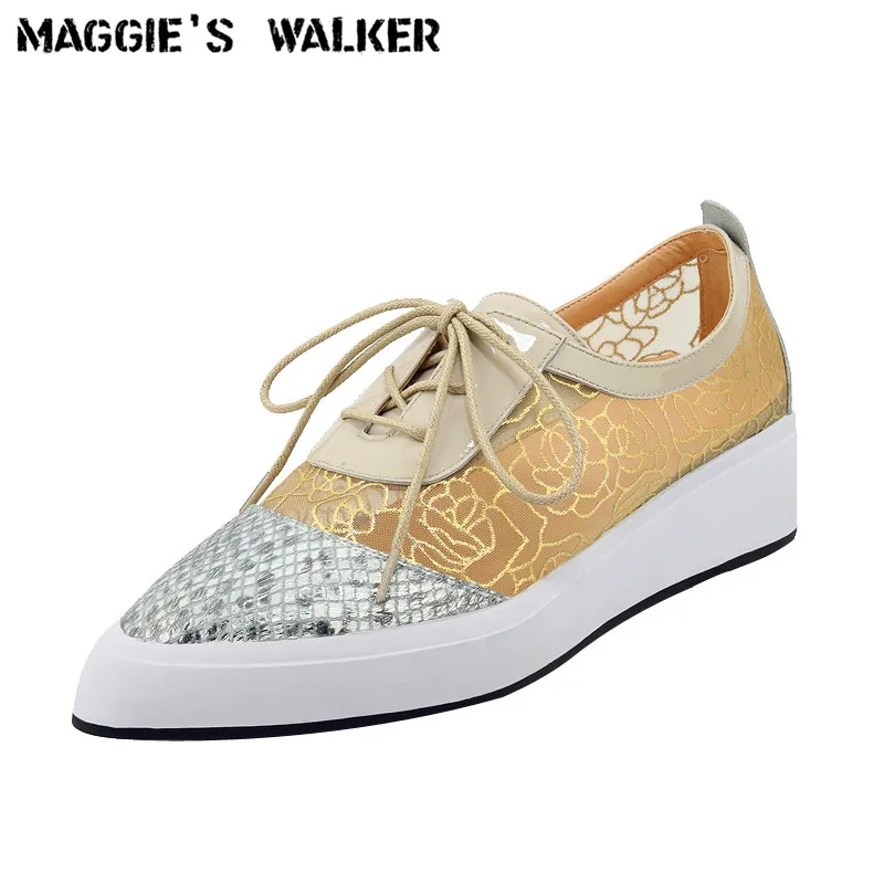 

Maggie's Walker Women Pointed-toe Casual Breathable Summer Mesh Shoes Genuine Leather Lacing Height-increasing Shoes Size 35~40