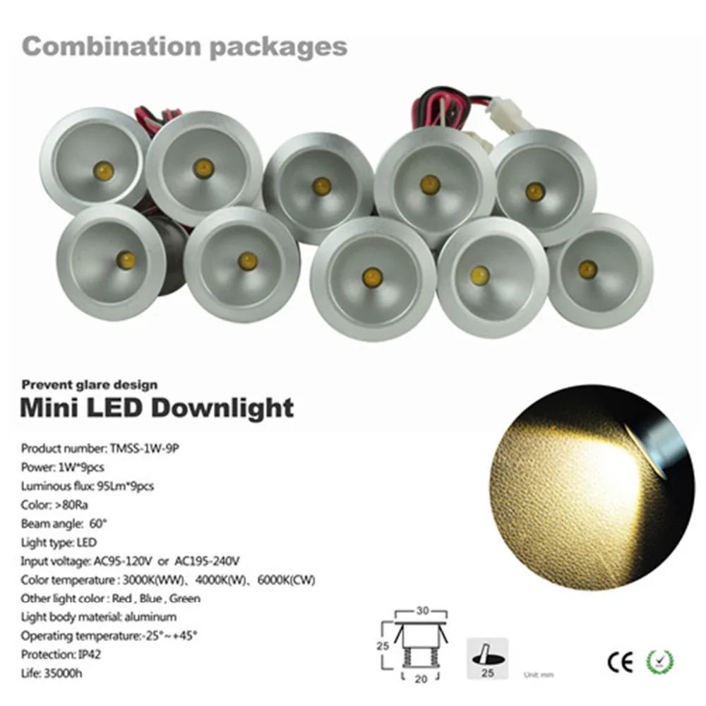 1 Вт LED лампы для кабинета 60D/120D прожектор с фокусным расстоянием 25 мм вырез потолочные светильники с AC85-277V Диммируемый драйвер DIY освещение 9 шт./компл