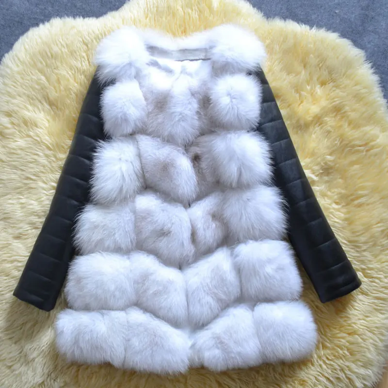 Black tip white Зимнее Новое поступление теплое Женское пальто из искусственного лисьего меха с ПУ рукавом высокая имитация лисьего меха куртка черная меховая верхняя одежда - Цвет: Black tip white