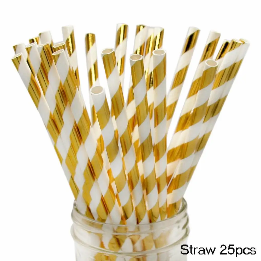 Straw 25pcs Розовое золото в полоску День рождения Бумага тарелки/стакана/салфетка День рождения украшения для взрослых, для девочек и мальчиков одноразовая посуда соломы - Цвет: Straw 25pcs