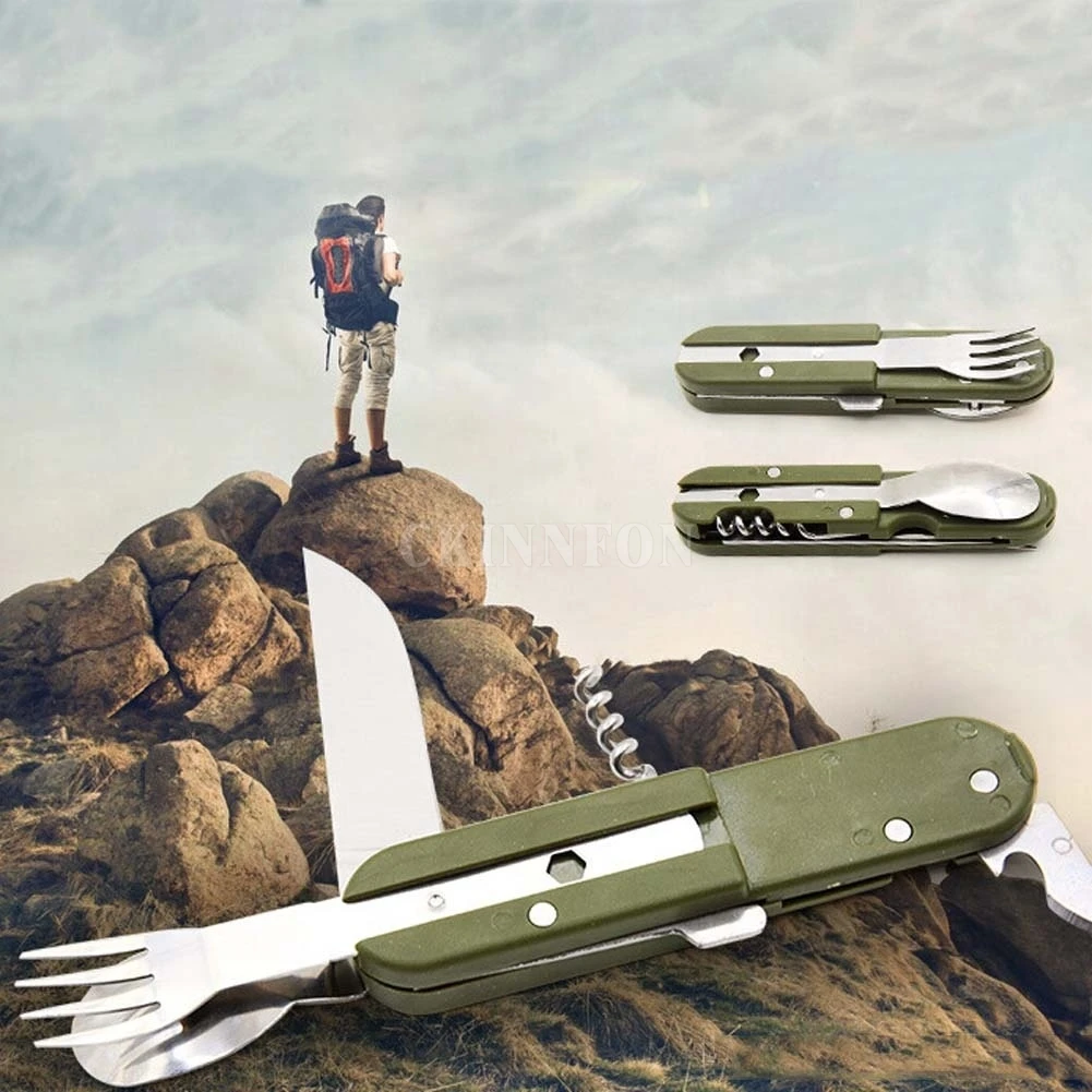 

50Pcs/Lot Green Folding Portable Stainless Steel Camping Picnic Cutlery Fork Spoon Bottle Opener Flatware Tableware Travel Kit