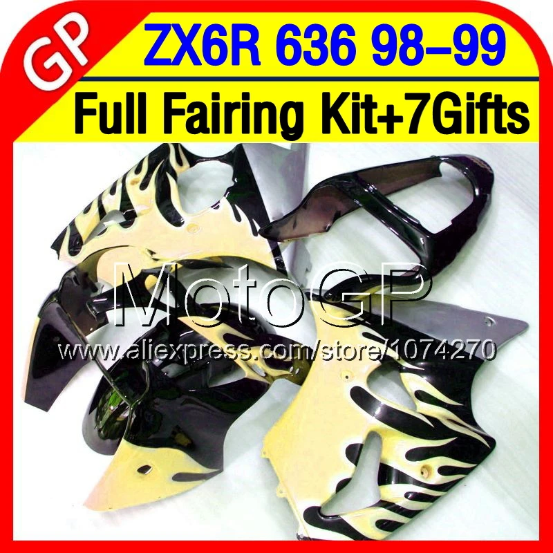 7 подарки + кузов Для KAWASAKI NINJA ZX6R ZX636 желтый ZX 636 6R P6220 желтое пламя 6 R 98 99 1998 1999