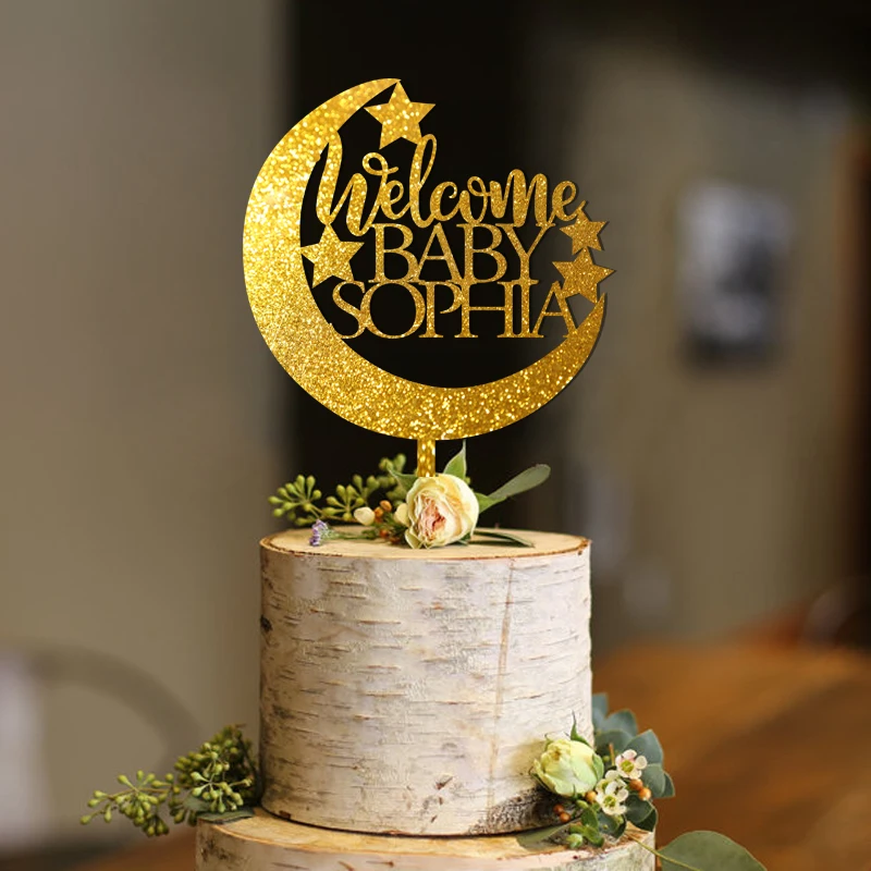 Персонализированное имя детский душ торт Топпер Добро пожаловать детский Золотой торт Топпер детский душ Топпер Добро пожаловать ребенок изготовленный на заказ Топпер для торта Декор