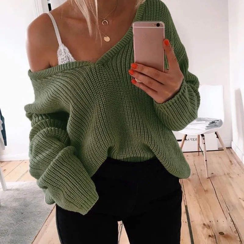 Fluffy Deep V Neck Ribbed Sweater Pullover Women Knit Oversized Solid Jumpers Off Shoulder Colorful Sweaters Chompas Para Mujer | Женская