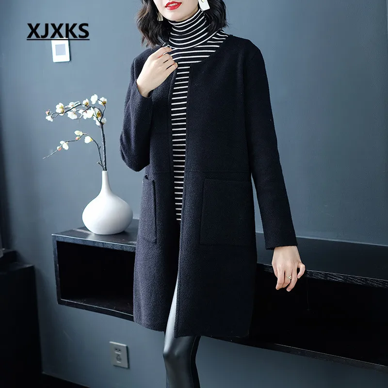 XJXKS abrigos mujer invierno новые модные простые женские шерстяные пальто шерстяное вязаное повседневное женское пальто-кардиган