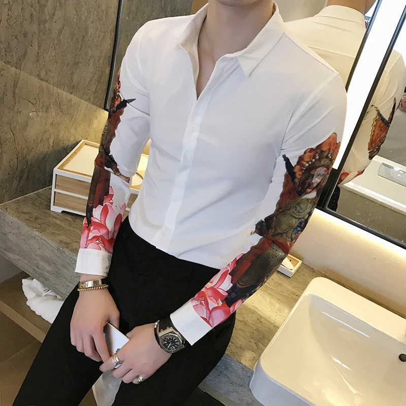 2019 Весна Для мужчин рубашка с принтом модные приталенная одежда длинным рукавом